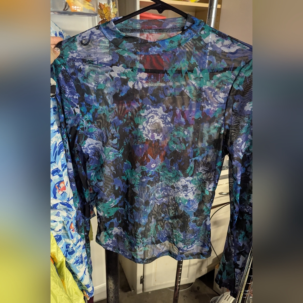 Floral Mock Neck Mesh Long Sleeve Top
